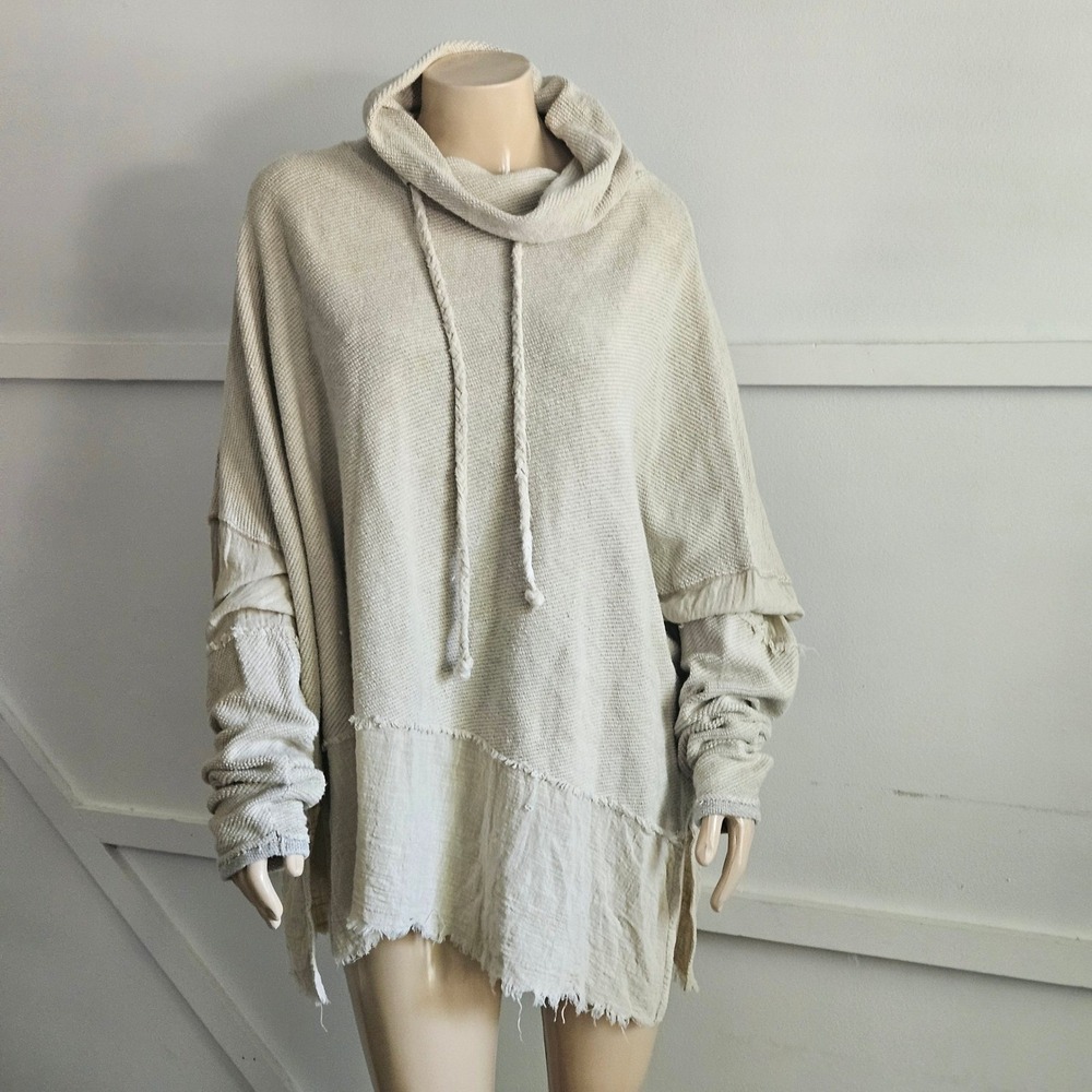 Free People We The Free Oversized Cowl Neck Waffle Knit Poncho Pullover Beige M